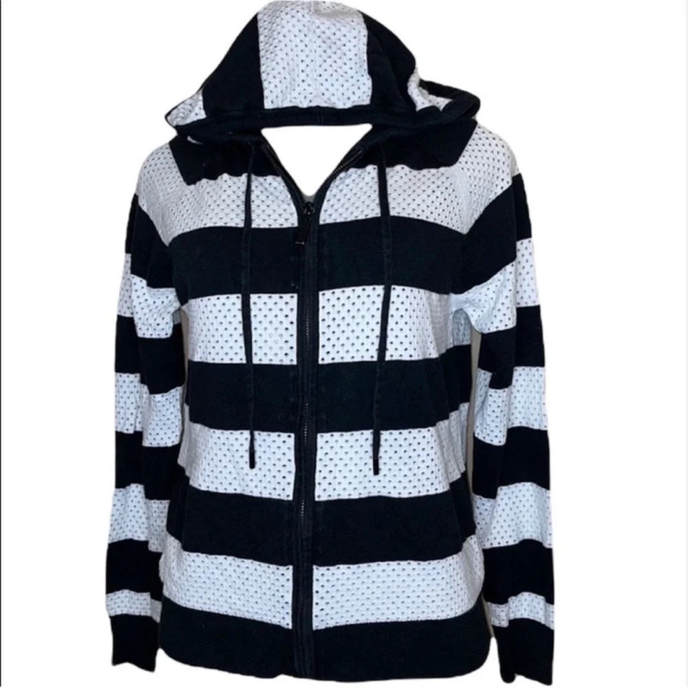 MICHAEL Michael Kors Black White Striped Open Knit Zip Up Hoodie M